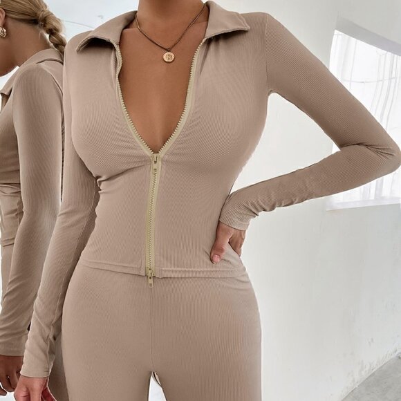 Apricot Casual Womens Zip Up Ribbed Knit Jacket & Leggings - Picture 2 of 5